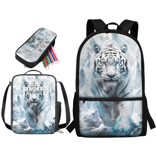 STUOARTE 3-teiliges Kinder-Rucksack-Set für die Grundschule, 43,2 cm, großes Schultaschen-Set mit Lunchbox und Federmäppchen, Weißer Tiger, Weiß von STUOARTE