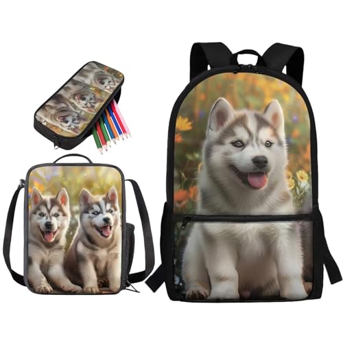 STUOARTE 3-teiliges Rucksack-Set, Grundschul-Büchertasche mit Lunchbox, Federmäppchen, Schultasche für Kinder, Mädchen, Jungen, Teenager, Niedlicher Husky, mehrfarbig von STUOARTE