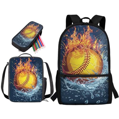 STUOARTE 3-teiliges Rucksack-Set, Grundschul-Büchertasche mit Lunchbox, Federmäppchen, Schultasche für Kinder, Mädchen, Jungen, Teenager, Water Fire Softball, Blau und Orange von STUOARTE