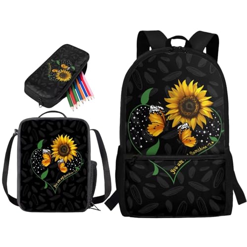 STUOARTE 3-teiliges Rucksack-Set für Kinder, 43,2 cm, großes Fassungsvermögen, Schulbüchertaschen-Set mit Lunchbox, Federmäppchen für Schüler, Sonnenblumen-Schmetterling, Schwarz und Gelb von STUOARTE