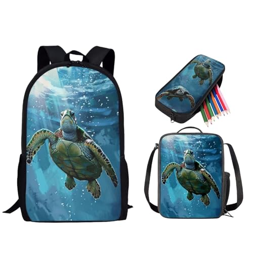 STUOARTE Kinder-Rucksack-Set, 3-teiliges Rucksack und Lunchbox-Set für Jungen und Mädchen, leichte Büchertasche mit Federmäppchen, Meeresschildkröte, Blau, Einheitsgröße, Reiserucksäcke von STUOARTE