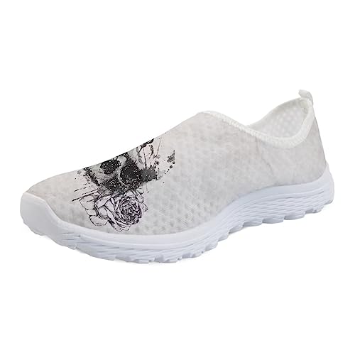 STUOARTE Mesh-Sneaker, atmungsaktiv, rutschfest, bequeme Schuhe für Damen und Herren, Walking, Laufen, Fitnessstudio, Fitnessschuhe, Skull Flowers White, 43 EU von STUOARTE