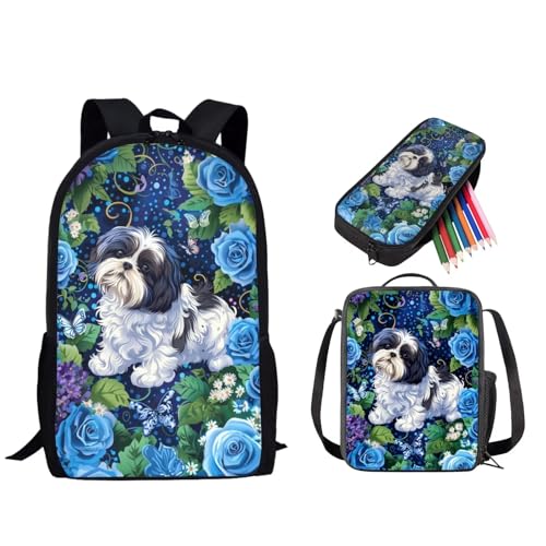 STUOARTE Schulranzen für Kinder, 3-teiliges Rucksack-Set für Jungen und Mädchen, leichtes Büchertaschen-Set mit Lunchtasche und Federmäppchen, Shih Tzu Blume, mehrfarbig, Einheitsgröße, Rucksack, von STUOARTE