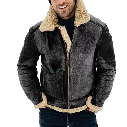 SUCADA Flying Winter Jacke Herren Plus Samtverdickung Lederjacke Bomber Warm Motorrad Jacke Slim Fit Reißverschlussleiste Kunstleder Jacke Herren A-Black1 L von SUCADA