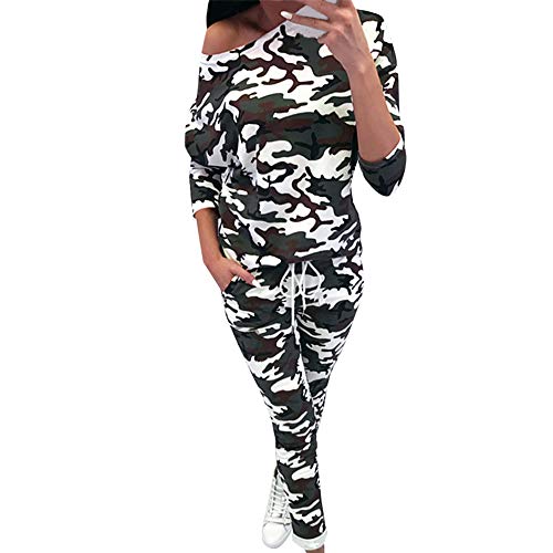 SUCES Damen Weich Bequem Langarm Pullover + Hosen Sweatshirt Frauen Sexy Schulterfrei O-Ausschnitt Sport Set Camouflage Leopard Bedrucktes Lose Langarm Yoga Änzuge(Tarnung,M) von SUCES