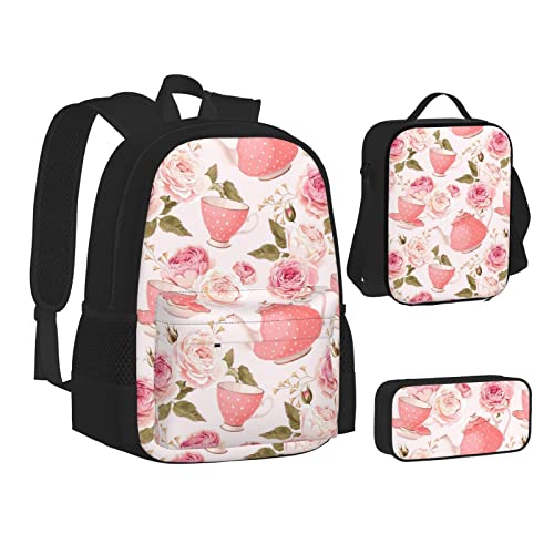 SUHNGE Cupcakes, Donuts, Muffins, Zucker-Druck, Rucksack, Lunchbox-Set, 3-in-1, Schul-Büchertasche und Federmäppchen, passende Kombination, Teebecher mit Rosen Romantisch Shabby, Einheitsgröße von SUHNGE