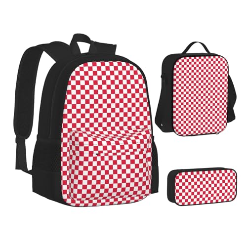 SUHNGE Gras-Topf-Blatt-Druck, Rucksack, Lunchbox-Set, 3-in-1, Schul-Büchertasche und Federmäppchen, passende Kombination, rot / weiß, Einheitsgröße von SUHNGE