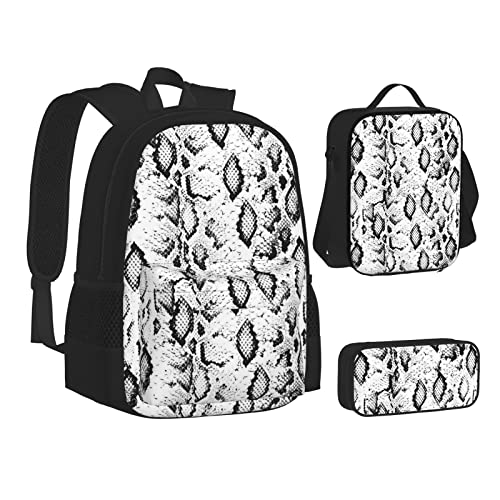 SUHNGE Niedliche Eichhörnchen Druck Teenager Büchertasche Mittagessen Tasche Federmäppchen 3 in 1 Schulrucksäcke Set Kinder Rucksack, Schlangenhaut Schwarz und Weiß, Einheitsgröße von SUHNGE