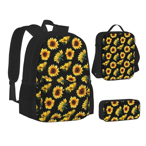 SUHNGE Niedliche Pinguine machen Bilder Druck Teenager Büchertasche Mittagessen Tasche Federmäppchen 3 in 1 Schulrucksäcke Set Kinder Rucksack, Sonnenblumen, Pflanzen, Schwarz und Gelb, Einheitsgröße von SUHNGE