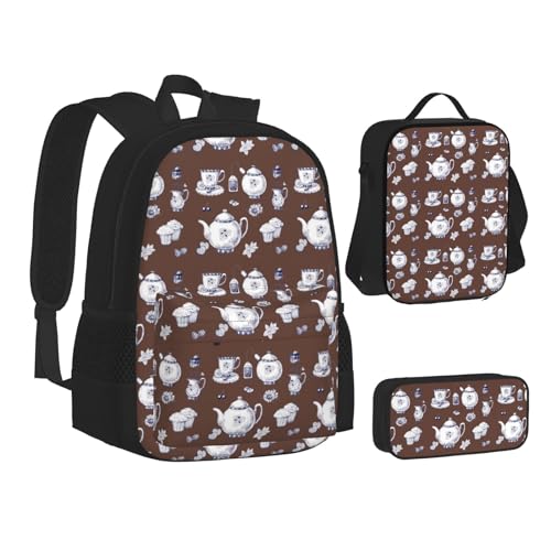 SUHNGE Rucksack, Lunchbox-Set, 3-in-1, Schul-Büchertasche und Federmäppchen, passendes Set, Handgezeichnete Teekannen und Becher, Einheitsgröße von SUHNGE