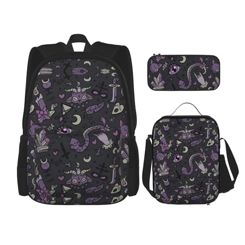 SUHNGE Rucksack für Mädchen, Jungen, Schultaschen, Teenager, Lunchbox und Federmäppchen, 3-in-1-Büchertaschen-Set, Rot / Weiß, Lila Schwarz Goth Gruselig, Einheitsgröße von SUHNGE