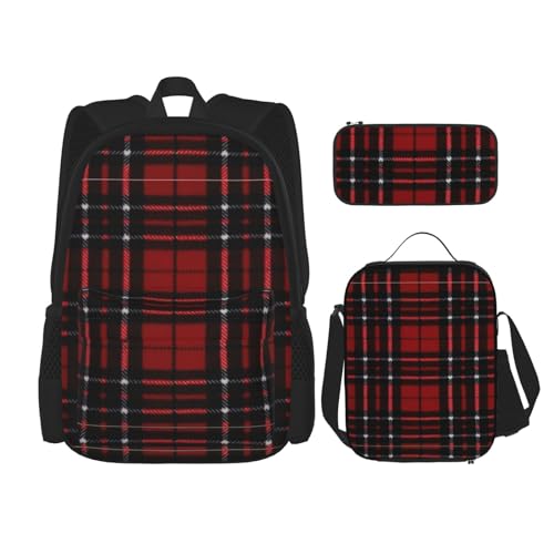 SUHNGE Rucksack für Mädchen, Jungen, Schultaschen, Teenager, Lunchbox und Federmäppchen, 3-in-1-Büchertaschen-Set, Rot / Weiß, Rot und Schwarz kariert, Einheitsgröße von SUHNGE