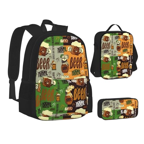 SUHNGE Schulrucksack-Set mit goldfarbenem Glitzer-Ananas-Aufdruck für Teenager, Lunch-Tasche, Federmäppchen, 3-in-1, Schulrucksack-Set, Kinder-Rucksack, Bier, Einheitsgröße von SUHNGE