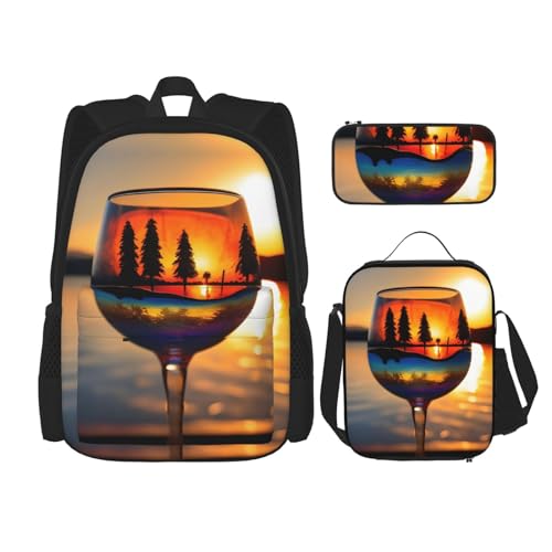 SUHNGE Sushi Dill Pickles Print Lunchbox Federmäppchen Rucksack Set 3 Stück Verstellbare Träger Langlebig Leicht, Weinglas Sunset, Einheitsgröße von SUHNGE