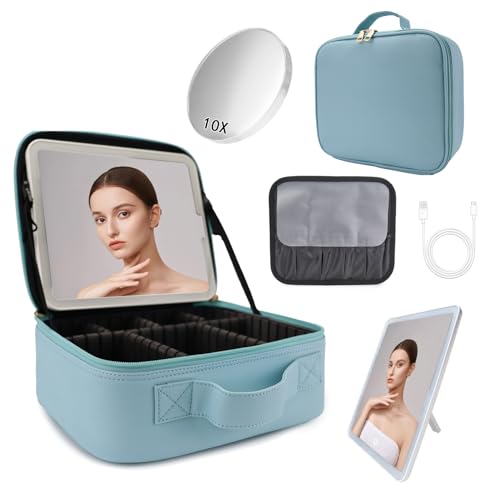 SUILU Reise-Make-up-Tasche mit LED-beleuchtetem Spiegel, Kosmetik-Organizer, mit 3 Farben beleuchteter Einstellung, mit einstellbarer Helligkeit, Kosmetikspiegel und abnehmbarem Spiegel mit 10-facher SUILU Reise-Make-up-Tasche mit LED-beleuchtetem Spiegel, Kosmetik-Organizer, mit 3 Farben beleuchteter Einstellung, mit einstellbarer Helligkeit, Kosmetikspiegel und abnehmbarem Spiegel mit 10-facher von SUILU