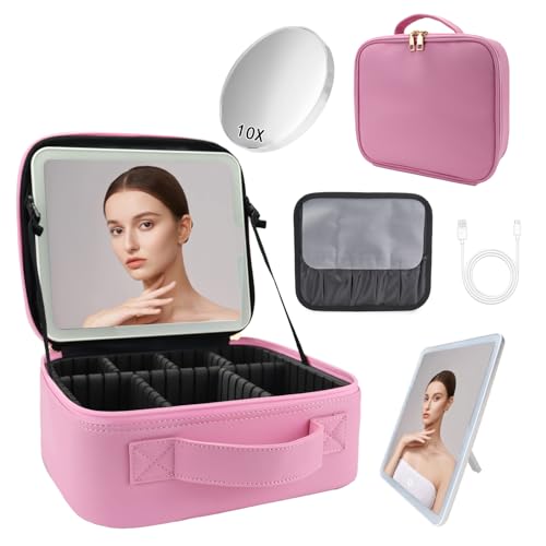 SUILU Reise-Make-up-Tasche mit LED-beleuchtetem Spiegel, Kosmetik-Organizer, mit 3 Farben beleuchteter Einstellung, mit einstellbarer Helligkeit, Kosmetikspiegel und abnehmbarem Spiegel mit 10-facher SUILU Reise-Make-up-Tasche mit LED-beleuchtetem Spiegel, Kosmetik-Organizer, mit 3 Farben beleuchteter Einstellung, mit einstellbarer Helligkeit, Kosmetikspiegel und abnehmbarem Spiegel mit 10-facher von SUILU
