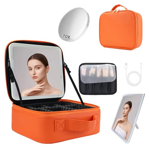 SUILU Reise-Make-up-Tasche mit LED-beleuchtetem Spiegel, Kosmetik-Organizer, mit 3 Farben beleuchteter Einstellung, mit einstellbarer Helligkeit, Kosmetikspiegel und abnehmbarem Spiegel mit 10-facher SUILU Reise-Make-up-Tasche mit LED-beleuchtetem Spiegel, Kosmetik-Organizer, mit 3 Farben beleuchteter Einstellung, mit einstellbarer Helligkeit, Kosmetikspiegel und abnehmbarem Spiegel mit 10-facher von SUILU
