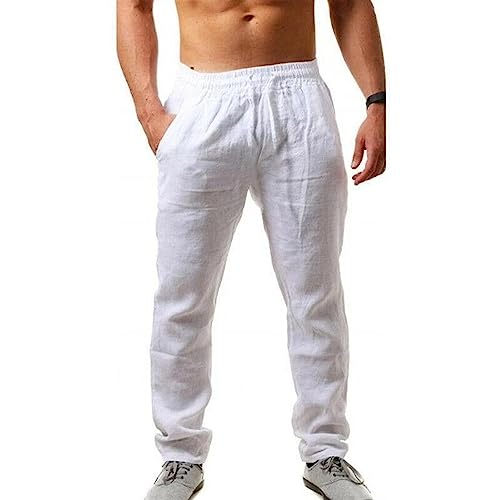 SUKORI Herren Jogginghose Männer Baumwolle Leinen Hosen Männlichen Sommer Herbst Atmungs Einfarbig Elastische Taille Leinen Hosen Fitness Streetwear (Color : White, Size : L) von SUKORI