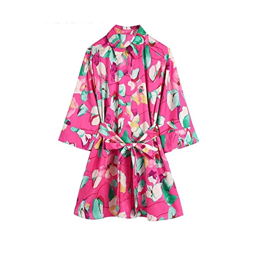 SUKORI Kleid Women Floral Print Single Breasted Mini Shirt Dress Female Three Quarter Sleeve Kimono Sashes (Color : Pink, Size : L) von SUKORI