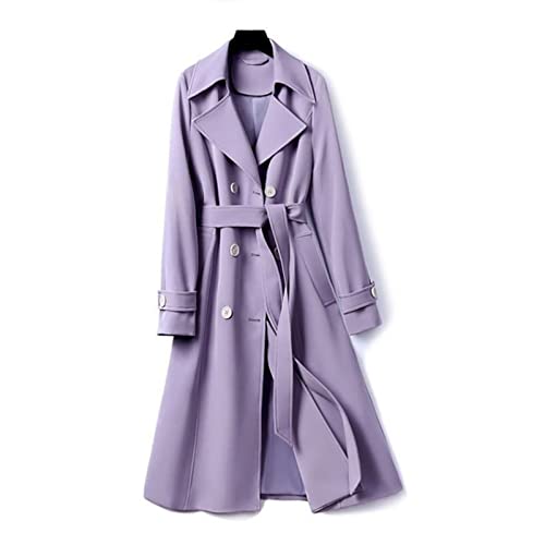 SUKORI Trenchcoat Damen Lila zweireihiger langer Trenchcoat New Revers Long Sleeve Slim Windbreaker mit Gürtel Frühling Herbst (Size : S) von SUKORI