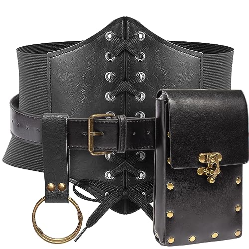 Damen Korsett Gürtel Gürteltasche Hüfttasche Bauchtasche Handyhalter Mittelalter Renaissance Kostüm Zubehör, Schwarz, S-Waist/25.6"-34", Ren Faire von SUMGOGO