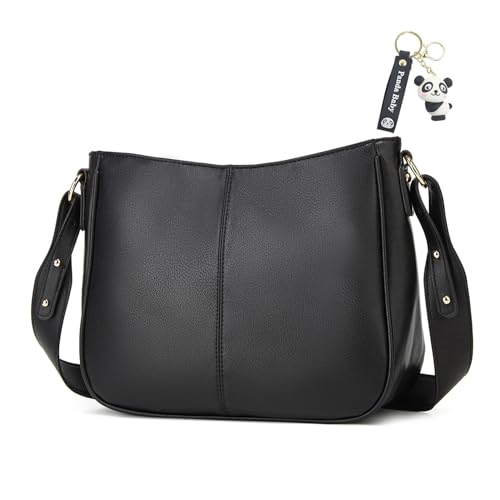 Crossbody Bag Damen Weichem Leder Umhängetasche Damen Kleine Breiter Gurt Schultertasche Moderne Tasche handtasche damen umhängetasche mit Verstellbarer Schultergurt und Schlüsselanhänger (Schwarz) von SUNAVY