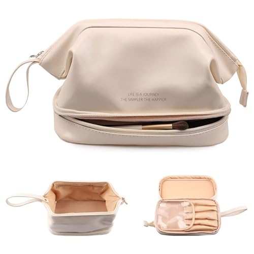 Reise Kosmetiktasche, PU Leder Reise Make Up Tasche mit Große Kapazität Cosmetic Bag Portable Schminktasche Kosmetik Organizer Tasche für Damen Kosmetiktasche in Wolkenform (Beige) von SUNAVY