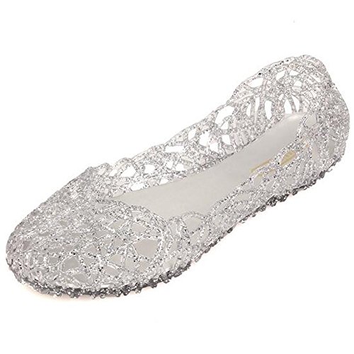 SUNAVY Damen Hohl Flach Gelee Sandalen Bird-Nest Ballett Weich Plastik Schuh,39 EU, Silber von SUNAVY