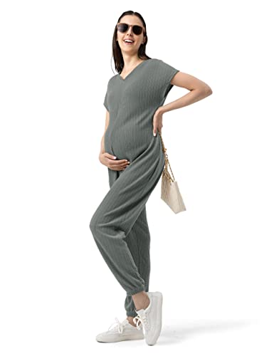 SUNNYBUY Damen Umstands-Jumpsuits Casual Kurzarm Outfits Seitentaschen Schwangerschaft Still-Strampler mit Reißverschluss, Front-dunkelgrau, X-Large von SUNNYBUY