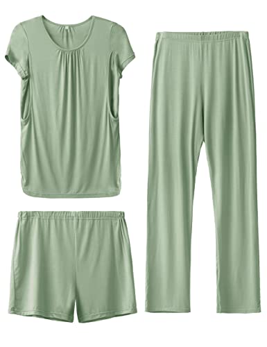 SUNNYBUY Damen Umstandsmode Stillpyjama-Set, Kurzarm-Stillshirts, Schwangerschafts-Shorts und Hosen, 3-teiliges Stillpyjama-Set, Grau Grün 2XL von SUNNYBUY