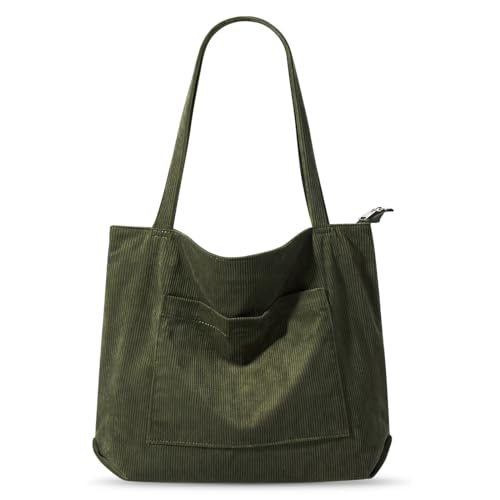 Cordtasche Handtasche Damen Tote Bag Große Umhängetasche Shopper Tasche Damen Schultertasche mit Reißverschluss Cord Beuteltasche Stofftasche Schultasche für Schule Arbeit Einkauf Alltag (Grün) von SUNOYA