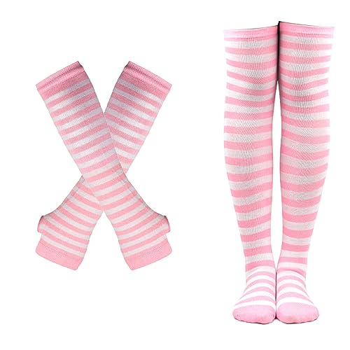 SUNTRADE Damen Mädchen Cosplay Gestreifte Kniestrümpfe Beinwärmer Fingerlose Handschuhe Set (Rosa-Weiß) von SUNTRADE