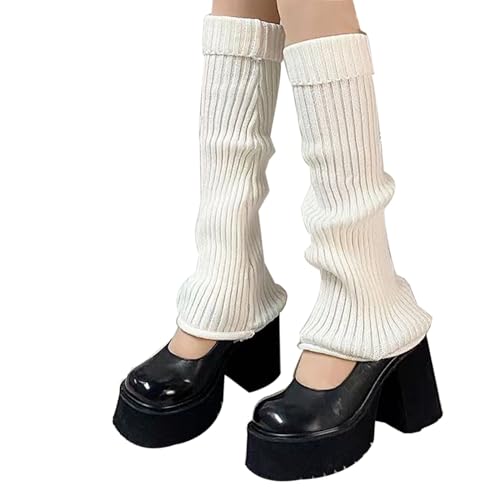 SUNTRADE Frauen Mädchen Gestrickte Beinwärmer, Kniehohe Stretch Strümpfe Japanische Kawaii Stiefel Socken (Weiß) von SUNTRADE