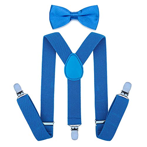 SUNTRADE Kinder-Hosenträger mit elastischer Y-Form, verstellbar mit Clips und Fliege für Jungen und Mädchen (Himmelblau) von SUNTRADE