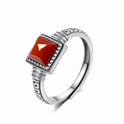 SUNYUHUI Geometrische Quadratische 925 Silber Ring, Südlicher Roter Achat, Klassische Glückliche Wolke, Chinesischer Stil, Ethnischer Stil Ring, Silver von SUNYUHUI