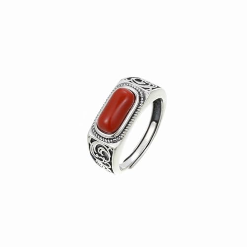 SUNYUHUI Geometrischer Rechteckiger 925 Silberring, Südlicher Roter Achat, Klassische Wellen, Chinesischer Stil, Ethnischer Stil Ring, Silver von SUNYUHUI