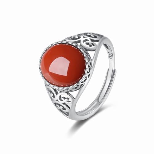 SUNYUHUI Große Eiernudel Vintage Spitze Silber Ring S925 Sterling Silber Hotan Jade Innere Mongolei Süd Red Achat Index Ring, Silver von SUNYUHUI