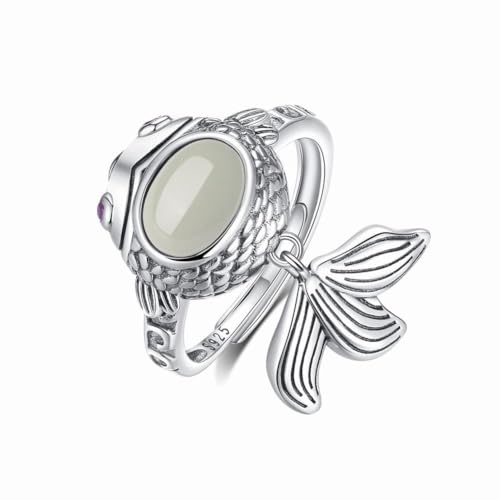 SUNYUHUI Kleiner Fisch Ring Retro S925 Silber Süd Red Achat Silber Ornament Thai Silber Silent Dynamic Tail Ring Schmuck, Silver von SUNYUHUI