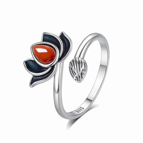 SUNYUHUI Lotus Ring Ethnische Art Gebrannt Blau Personalisierte S925 Silber Ring Retro Thai Silber Öffnung, Silver von SUNYUHUI