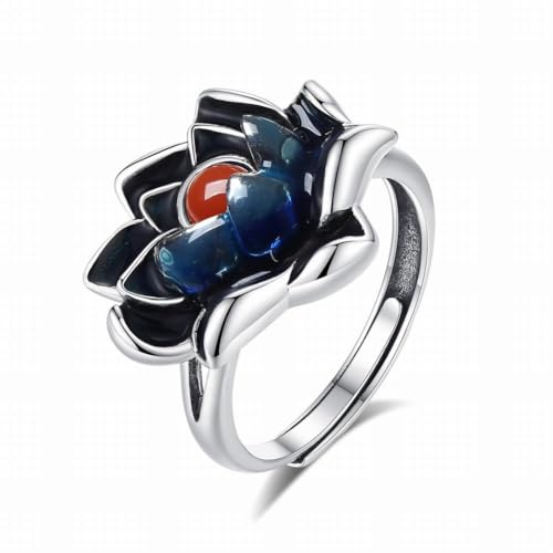 SUNYUHUI Lotus Ring Ethnische Art Schwerindustrie Gebrannt Blau Personalisierte S925 Silber Ring Vintage Thai Silber, Silver von SUNYUHUI