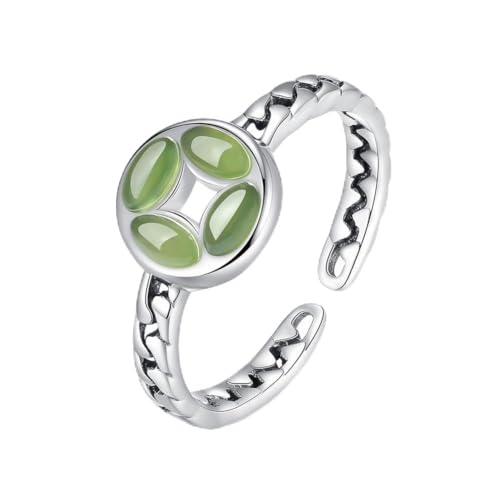 SUNYUHUI Retro S925 Silber Hetian Jade Lebensring mit Justierbarer Personalisierter Münze Stein Ring, Silver von SUNYUHUI