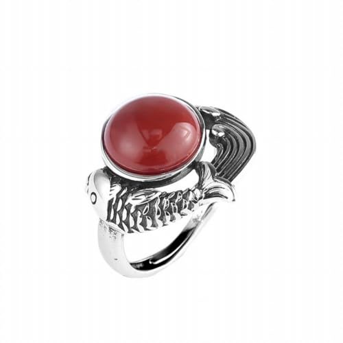 SUNYUHUI Retro S925 Silber Süd Red Achat Silber Ornament Ring mit Thai Silber Matte Karpfen Open Ring, Silver von SUNYUHUI