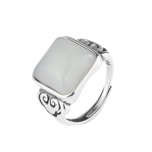 SUNYUHUI S925 Silber Antike Glückliche Wolke Ring mit Unisex Wind Square Inlayed Hotan Jade Square Ring, Silver von SUNYUHUI