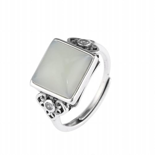 SUNYUHUI S925 Silber Vintage Ring Ring Neutral Wind Square Auspicious Cloud Inlayed Hotan Jade Square Ring Technologie, Silver von SUNYUHUI