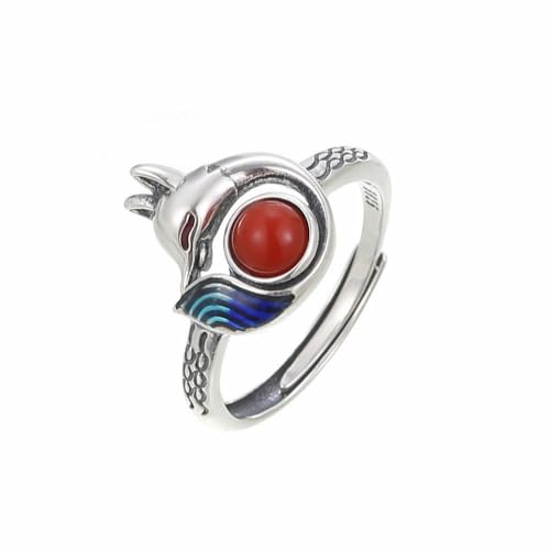 SUNYUHUI S925 Sterling Silber Emaille Süd Red Achat Vintage Fox Blue Fox Open Ring Blue Tail Ring, Silver von SUNYUHUI