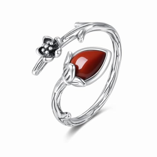 SUNYUHUI Sprout Rose Ring Thai Silber Süd Red Achat Rose Gesicht Ring Vintage Blume und Gras Muster Schmuck, Silver von SUNYUHUI