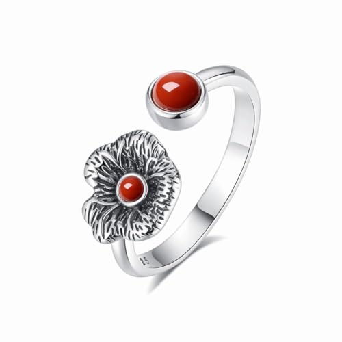 SUNYUHUI Südroter Achat Persimmon Blume Ring S925 Silber Vintage Chinese Style Ring Thai Silber Atmosphärische Ethnische Art Food Ring, Silver von SUNYUHUI