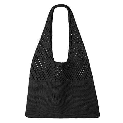 SUOSDEY gehäkelte Mesh Strand Tote Bag, Sommer Urlaub Ästhetische Strick Boho Umhängetasche für Frauen Schwarz von SUOSDEY