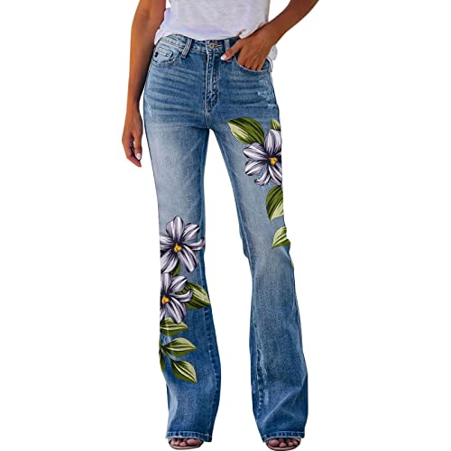 SUPTTING Bootcut Jeans Damen Bell Bottom Jeans Bestickte Blumen ausgestellt Jeans Hohe Taille im Vintage-Stil Retro-Hose Denimhosen Denim Hose Schlaghose Röhrenjeans von SUPTTING