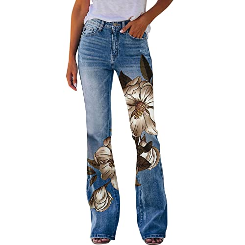 SUPTTING Bootcut Jeans Damen Bell Bottom Jeans Bestickte Blumen ausgestellt Jeans Hohe Taille im Vintage-Stil Retro-Hose Denimhosen Denim Hose Schlaghose Röhrenjeans von SUPTTING